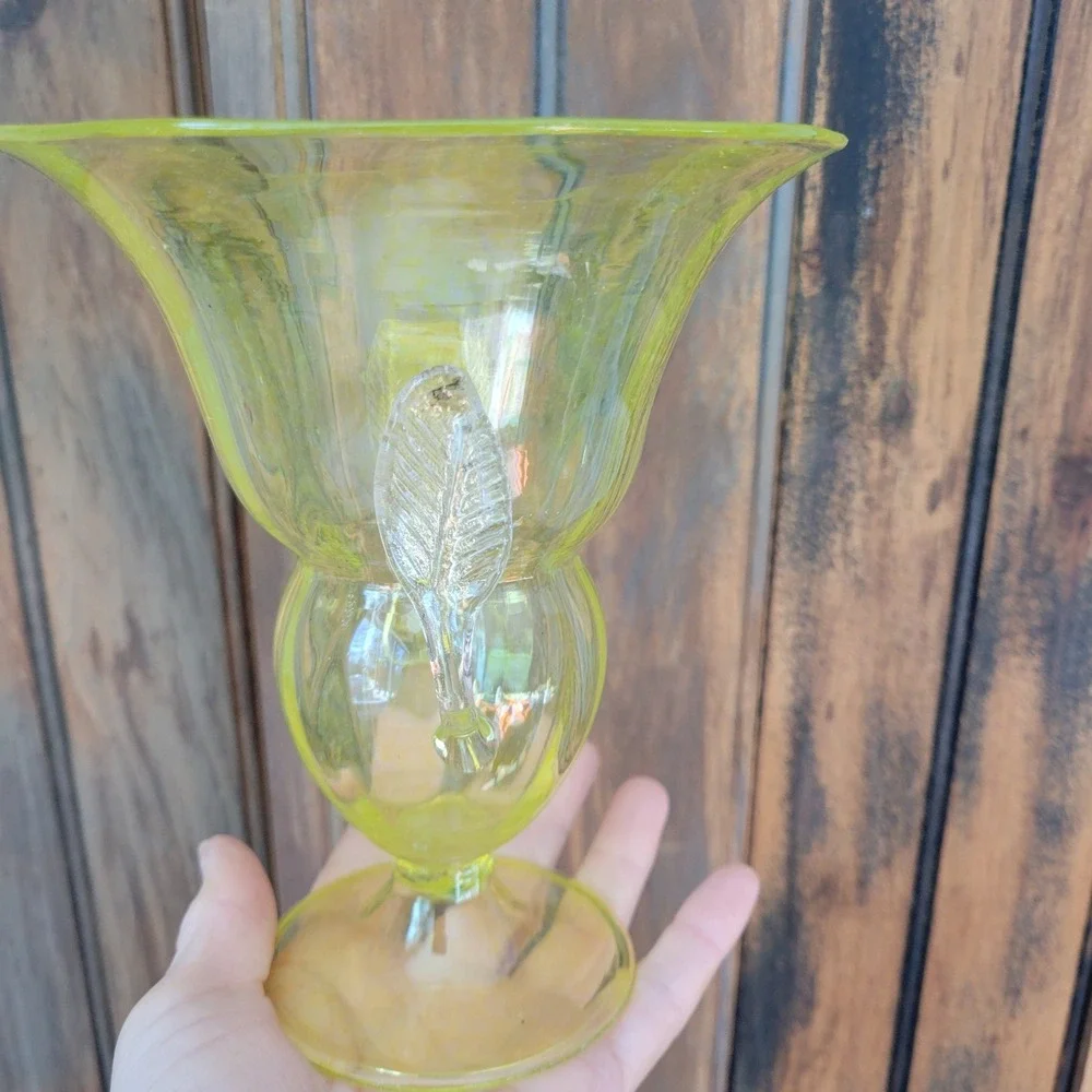 Vintage Yellow Blown Glass Trophy‎ Vase MCM Clear Leaf Handles 6.75in Art Glass